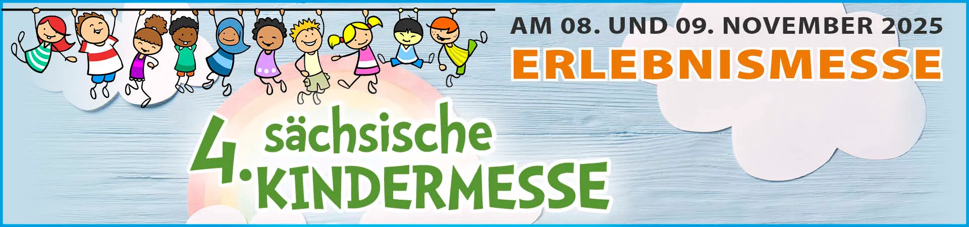 Collage: 5. sächsische Kindermesse für jung und alt. Am 08. und 09. November 2025, Erlebnissmesse. Impressionen Kinder beim Laternebasteln zum Thema Basteln, Kinder mit Seifenblasen zum Thema Spaß, Kinder beim Fahrradfahren zum Thema Freizeit und ein Kind mit Lupe zum Thema Entdecken.