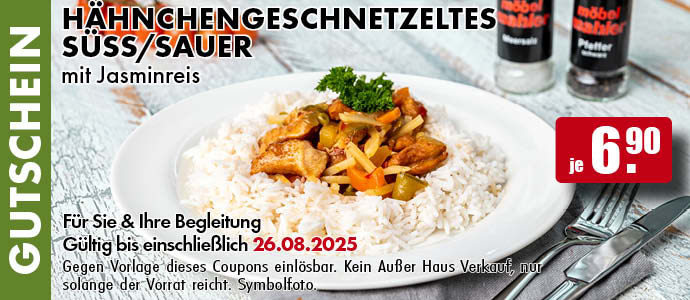 Hähnchengeschnetzeltes süss/ sauer mit Jasminreis  für je 5,90 Euro.
Für Sie und Ihre Begleitung. Gültig bis einschließlich 26.08.2025.2025. Gegen Vorlage dieses Coupons einlösbar. Einfach das Bild auf Ihrem Smartphone vorzeigen. Kein Außer-Haus-Verkauf, nur solange der Vorrat reicht. Symbolfoto.