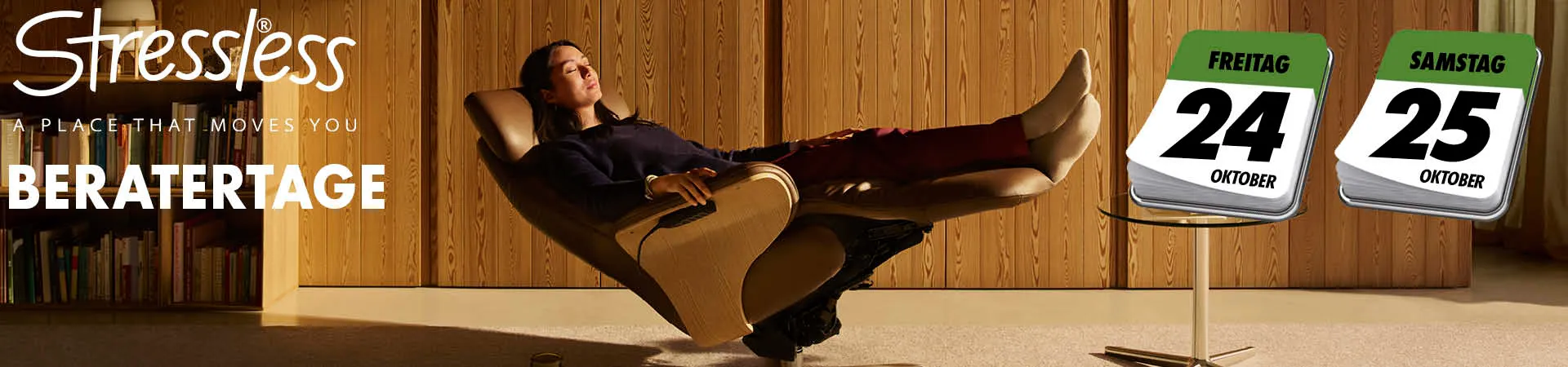 Stressless Beratertage am Freitag, 24. Oktober und Samstag 25. Oktober. 
Frau liegt schlafend auf einem Relaxsessel.